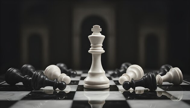 Cinematic close-up of a white chess king dominating the board with fallen black and white pieces, symbolizing strategy, leadership, success, business concept, and focus. - Powered by Adobe
