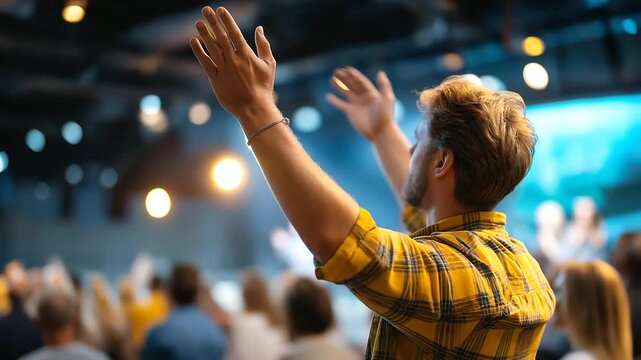Man raised hands, praying church setting, religious worship service, Christian gathering prayer, group prayer meeting, spiritual devotion display, faceless worshipper present, defo