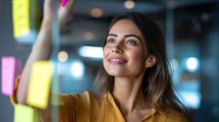 A woman in a yellow shirt writes creative strategies on a transparent board. Her focused smile reflects enthusiasm as she visualizes her ideas in a bright office environment