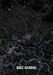 map of Bac Giang, Vietnam, is presented with a dark background. The city's layout is illustrated with fine white lines representing roads and infrastructure. Blue lines indicate rivers