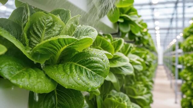 Close up of green lettuce plants growing in vertical farm