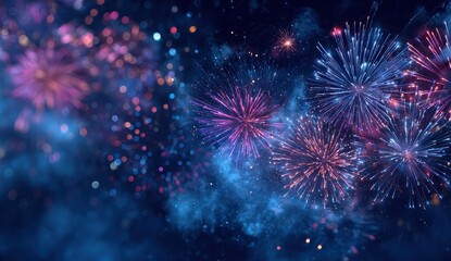 Vibrant blue and pink fireworks explode against a dark night sky background.