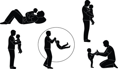 Heartwarming father and child silhouette moments showing playful bonding, loving interaction, family connection, nurturing parenting and joyful childhood activities in vector illustration