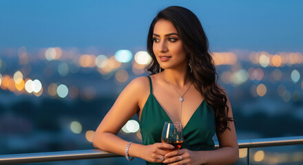 Elegant woman enjoying wine on rooftop with city lights