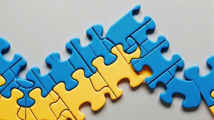 Obraz premium Close-up of interlocking puzzle pieces arranged in a line alternating blue and yellow pieces, forming an upward zigzag arrow shape symbolizing growth and progress.