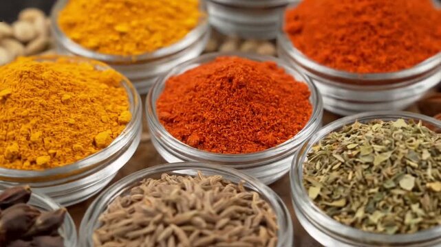 Assortment of Colorful Spices in Glass Bowls Including Paprika Turmeric Cumin and Herbs on a Wooden Surface with a Shallow Depth of Field and Warm Lighting