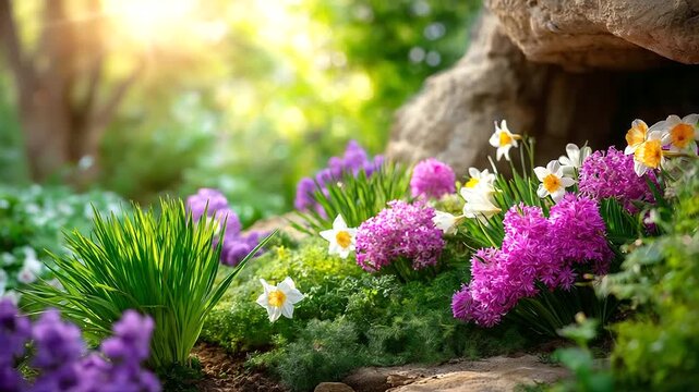 Resurrection cave garden, blooming flowers surrounding, Christian religious concept, Good Friday Pascha, spiritual rebirth theme, Easter celebration setting, natural beauty integra