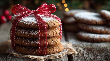 Festive Stack of Gingerbread Cookies Tied with Ribbon on Rustic Wood.