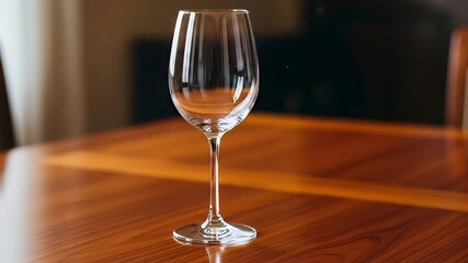 A pristine, empty wine glass stands elegantly centered on a rich, polished wooden table, illuminated by soft, ambient light. The clear crystal glassware beautifully reflects its surroundings, creating