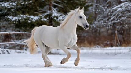 A white horse galloping freely through a snowy landscape