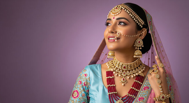 Beautiful Indian Bride Adorned in Traditional Gold Jewelry and Attire