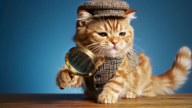 Feline detective cat scrutinizes surroundings through magnifying glass, embodying investigative intensity and attention to detail, ideal for concepting detective work, mystery solving.