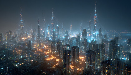 Glowing communication antennas and fiber optic cables transmitting data over a city skyline at night. Futuristic smart city with 5G network infrastructure and global connectivity