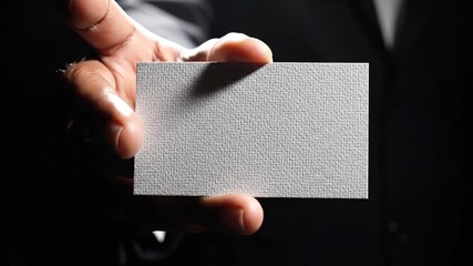 Blank business card held by a person in a suit, offering a space for your contact information and branding