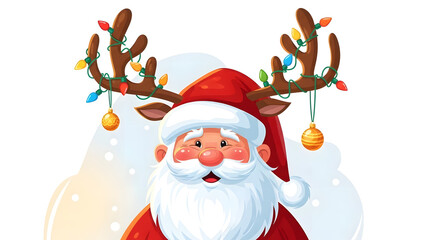 Cheerful Santa Claus with reindeer antlers hat adorned with colorful lights for Christmas cheer. Santa Claus is wearing a reindeer antlers hat and cheerful festive costume.