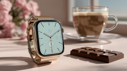 Flat style mock-up glowing smartwatch modern wearable technology fitness health tracking device digital generated ai