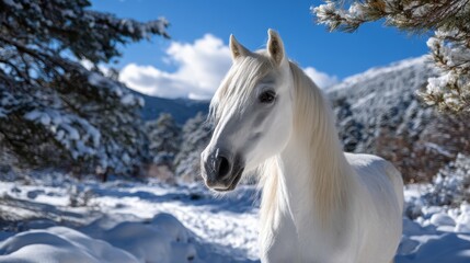 A majestic white horse shows off the color of Cloud Dancer against a snowy winter landscape