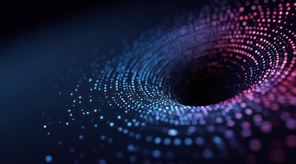 Abstract glowing dots form a swirling tunnel effect against dark background.