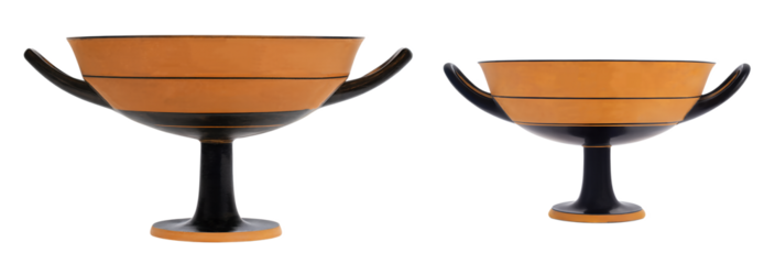 Two ancient kylix drinking cups with orange and black bands on a pedestal base isolated on white background
