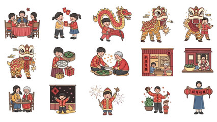 Obraz premium A dynamic digital illustration featuring icons of popular Lunar New Year activities, such as dragon dances, fireworks, and family gatherings, rendered with vibrant colors and clean lines.