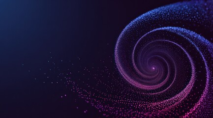 Abstract spiral of glowing blue and pink particles against dark background.