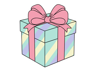 Obraz premium A Light Blue Gift Box Tied With A Pink Ribbon And Bow Adorned With Pastel Stripes Set Against A Black Background