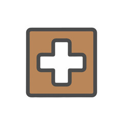 Fototapeta premium A simple brown square icon with a white cross symbol and dark gray outline on a transparent background representing medical or health care services