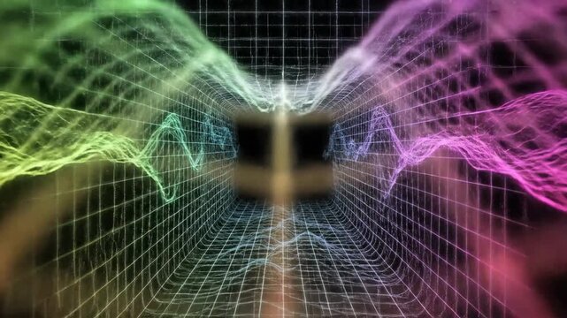 Intersecting grid lines pulsing in synchronized color gradients creating a complex abstract matrix that expands and shrinks like a vibrating field electric, loop, connection