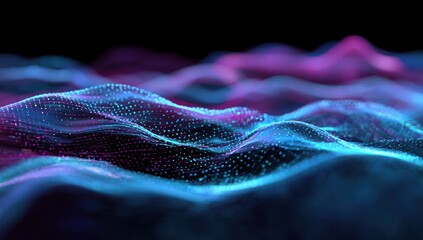 Abstract glowing blue and pink particle waves against black background