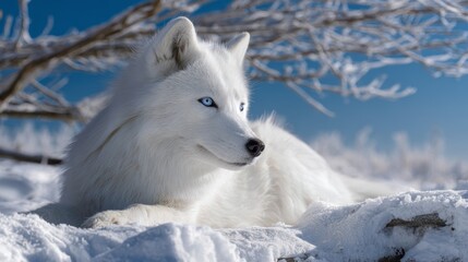 Obraz premium An Arctic wolf peacefully rests against the background of a snowy landscape. Cloud Dancer color