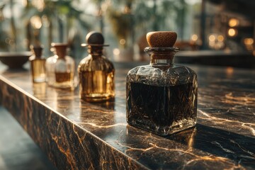 Elegant Crystal Bottles on Polished Marble Countertop Displaying Drinks