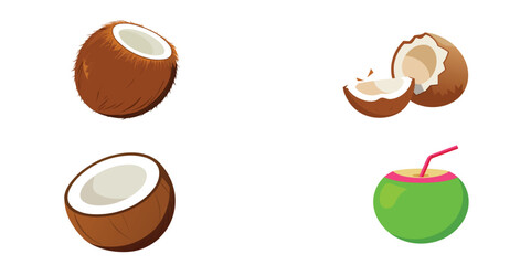 A collection of stylized illustrations featuring whole coconuts, halved coconuts, and a refreshing green coconut drink with a straw.