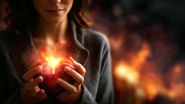 Woman holding cross, glowing over heart, fire raging backdrop, thick black smoke, faith amid catastrophe, spiritual strength display, faceless figure standing, defocused dramatic b