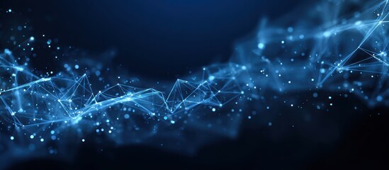 Abstract blue glowing network structure with floating particles against dark background.