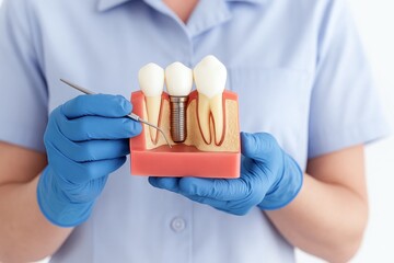Woman dentist holding a plastic tooth implant model with tools. Dental implant concept and tooth structure display for patient education.