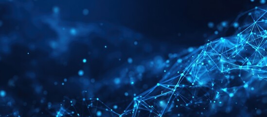 Abstract blue digital network structure with glowing nodes and bokeh background