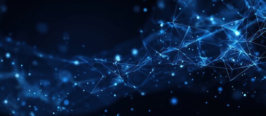 Abstract blue digital network structure with glowing particles on dark background.