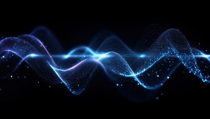 Abstract blue light wave pattern made of glowing particles on black.