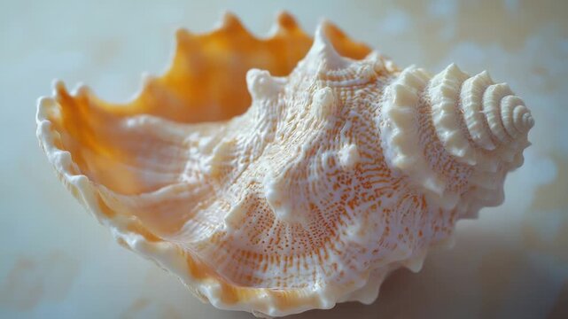 Video A close-up shot of a shell on a wooden table, great for decorating or still life