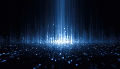 Abstract blue light beams rising from a dark futuristic cityscape floor.