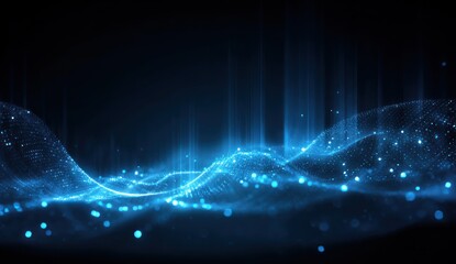 Abstract blue digital wave pattern with glowing particles and light beams.
