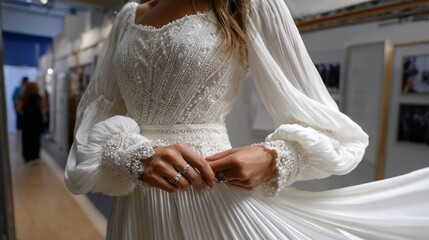 A woman in a beautiful white dress indoors. An elegant dress with intricate lace details showcasing the color of Cloud Dancer