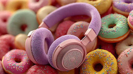 Flat mock-up headphones with donut creative food theme audio equipment technology lifestyle playful fun generated ai