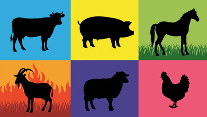 Collection of diverse domestic animal silhouettes on vibrant backgrounds, perfect for agricultural designs