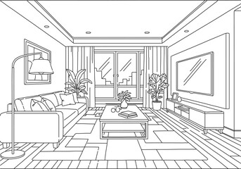 Elegant modern living room interior design sketch, perfect for home decor concepts or architectural visualizations with an urban view