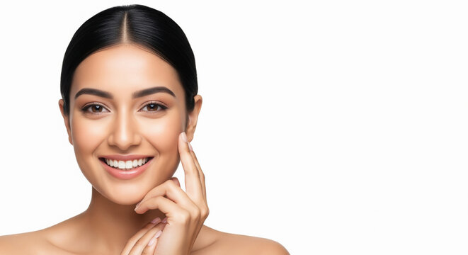 Beautiful Young Woman Smiling, Touching Her Perfect Skin