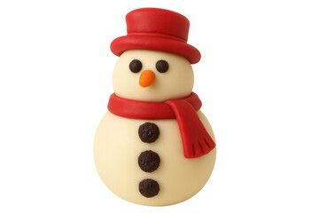 Fototapeta premium Snowman decoration dressed in red hat and scarf for christmas, celebrating winter holidays with festive spirit