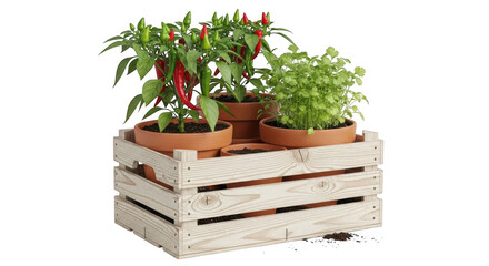 Three potted chili pepper plants with vibrant red fruits in a stacked wooden crate isolated on transparent background