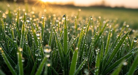 Morning dew drops sparkle on lush green grass blades in golden sunrise light