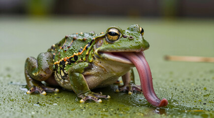 Obraz premium a close-up of a green frog sitting on a bed of green algae. The frog is facing towards the right side of the image and its mouth is open wide, revealing its long pink tongue.